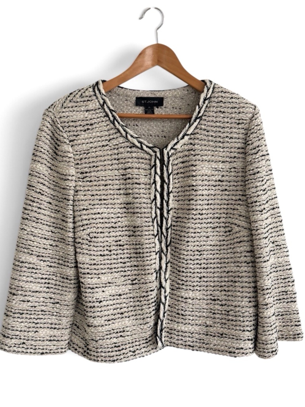 St. John Tweed Knit Jacket Ivory Black XL Metallic Shimmer Wool Blend 3/4 Sleeve